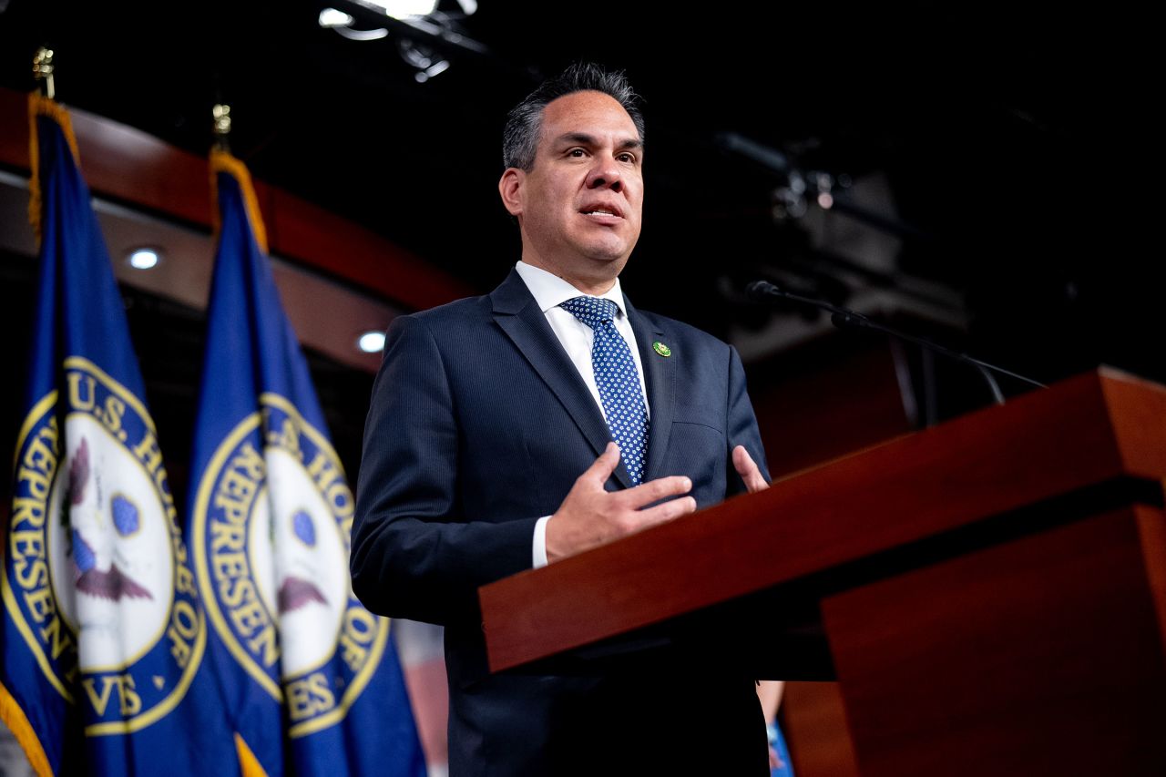 House Democratic Caucus Chair Pete Aguilar speaks at a news conference at the US Capitol Building on May 22 in Washington, DC.