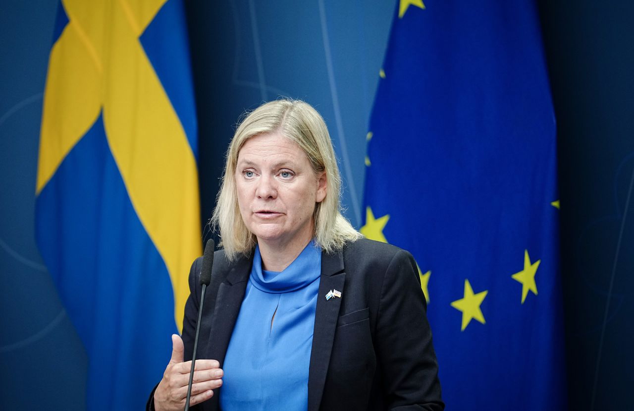 Swedish Prime Minister Magdalena Andersson speaks during a press conference alongside the German Chancellor Olaf Scholz in Stockholm on August 16. 