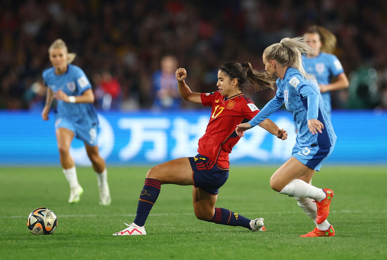 England's Alex Greenwood is seen in action with Spain's Alba Redondo.