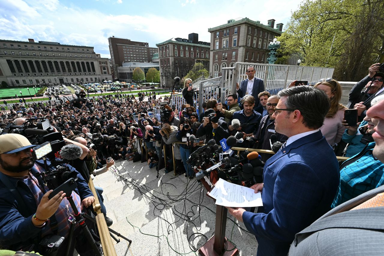 US Speaker of the House Mike Johnson speaks to the media after meeting with Jewish students, as Pro-Palestinian students and activists continue to protest the Israel-Hamas war on the campus of Columbia University in New York City on April 24.