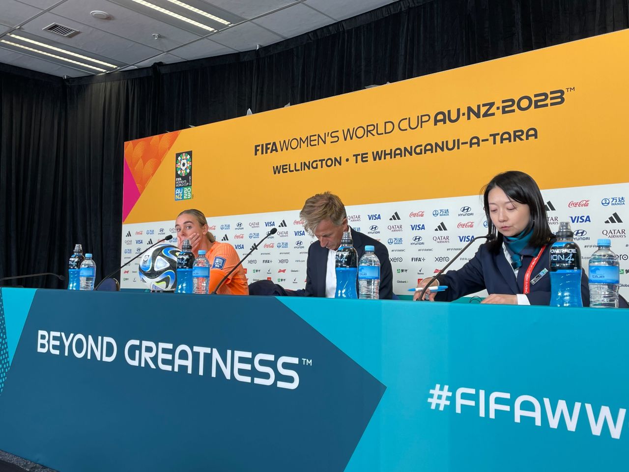 Jill Roord and Dutch coach Andries Jonker take questions after the match.