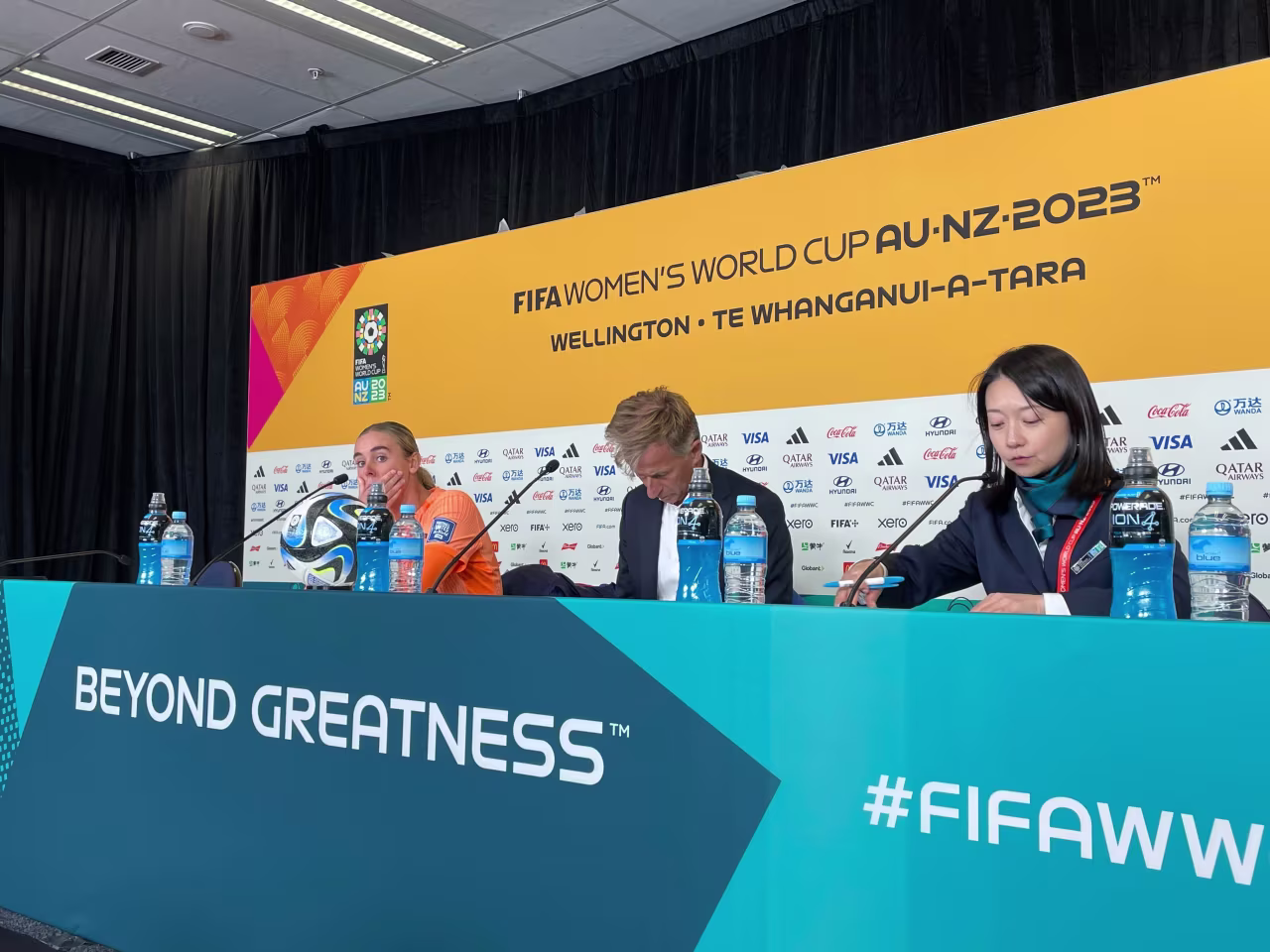 Jill Roord and Dutch coach Andries Jonker take questions after the match.