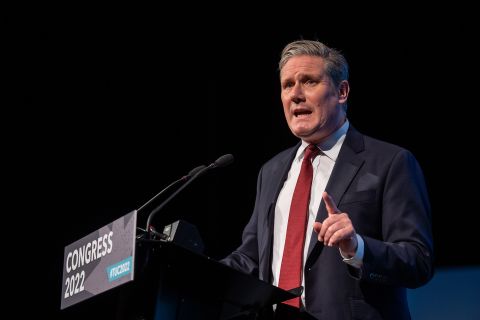 Labour leader Sir Keir Starmer delivers a key note speech to delegates at the Trades Union Congress at Brighton Centre on October 20, in Brighton, England.