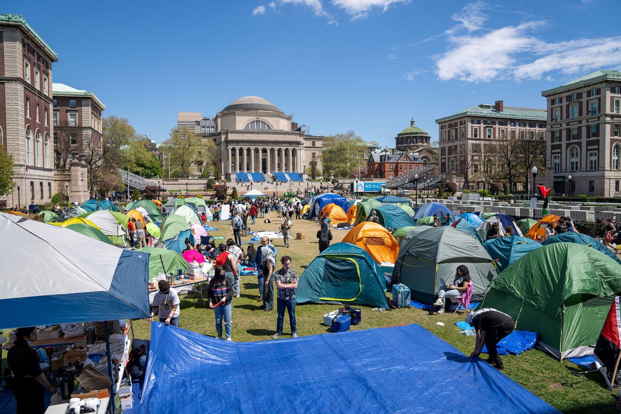 The encampment created by protesters on?the Columbia?University campus is seen on Wednesday, April 24. 