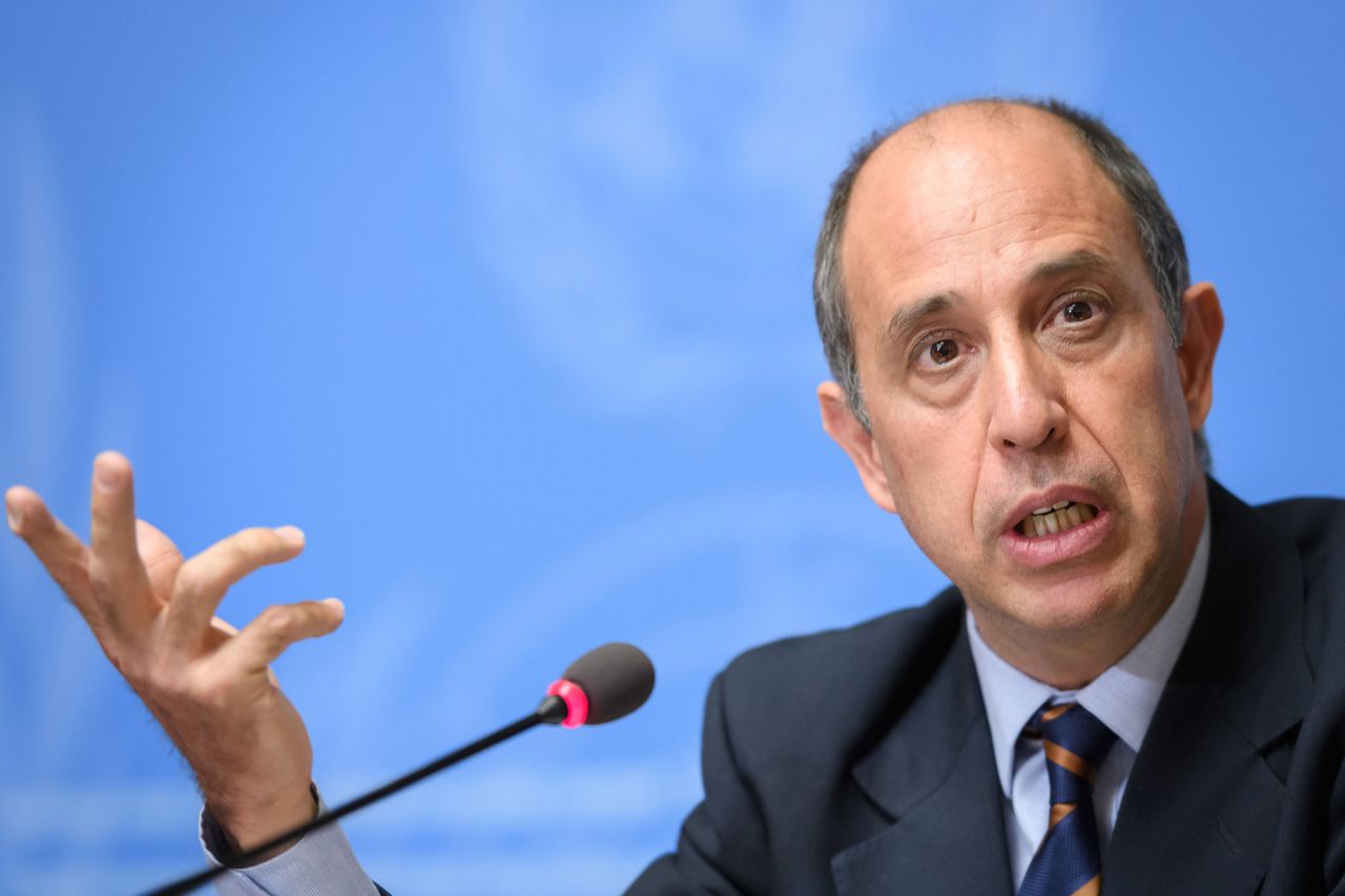 UN Special Rapporteur Tomás Ojea Quintana speaks at a press conference in Geneva in March.