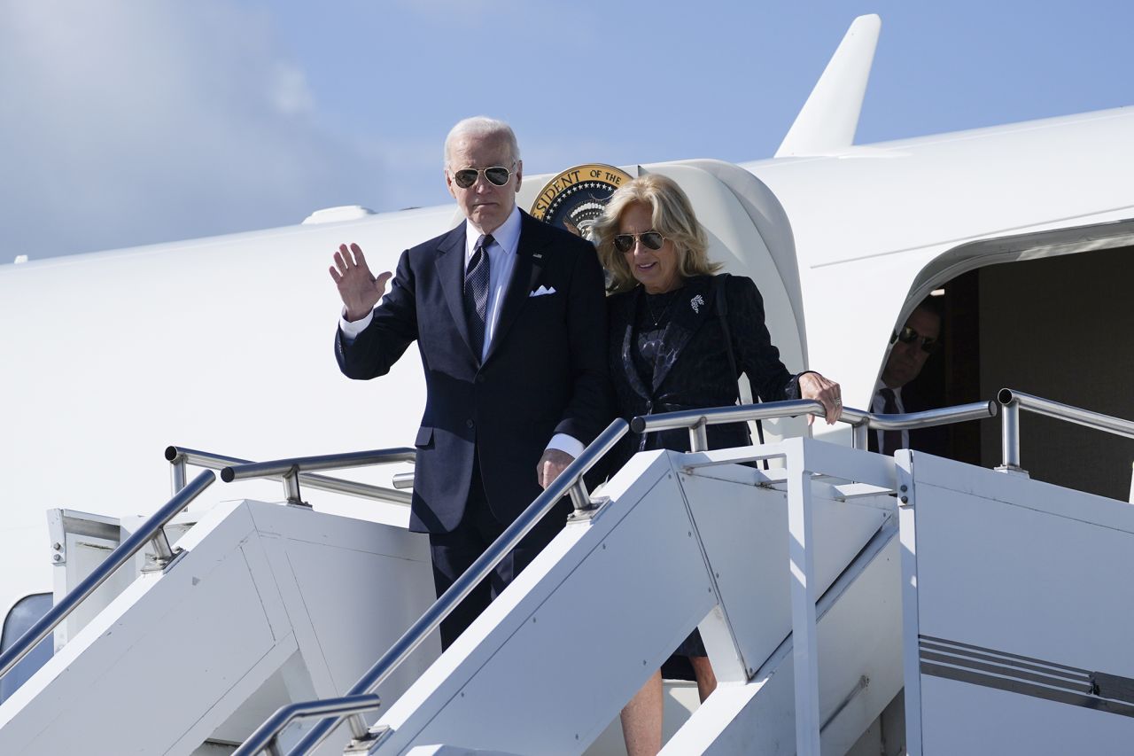 President Joe Biden and first lady Jill Biden arrive at the Caen-Carpiquet Airport in Carpiquet, France, enroute to ceremonies to mark the 80th anniversary of D-Day, on June 6.
