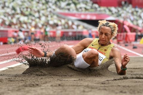 Germany's Malaika Mihambo competes in the women's long jump final on Tuesday.