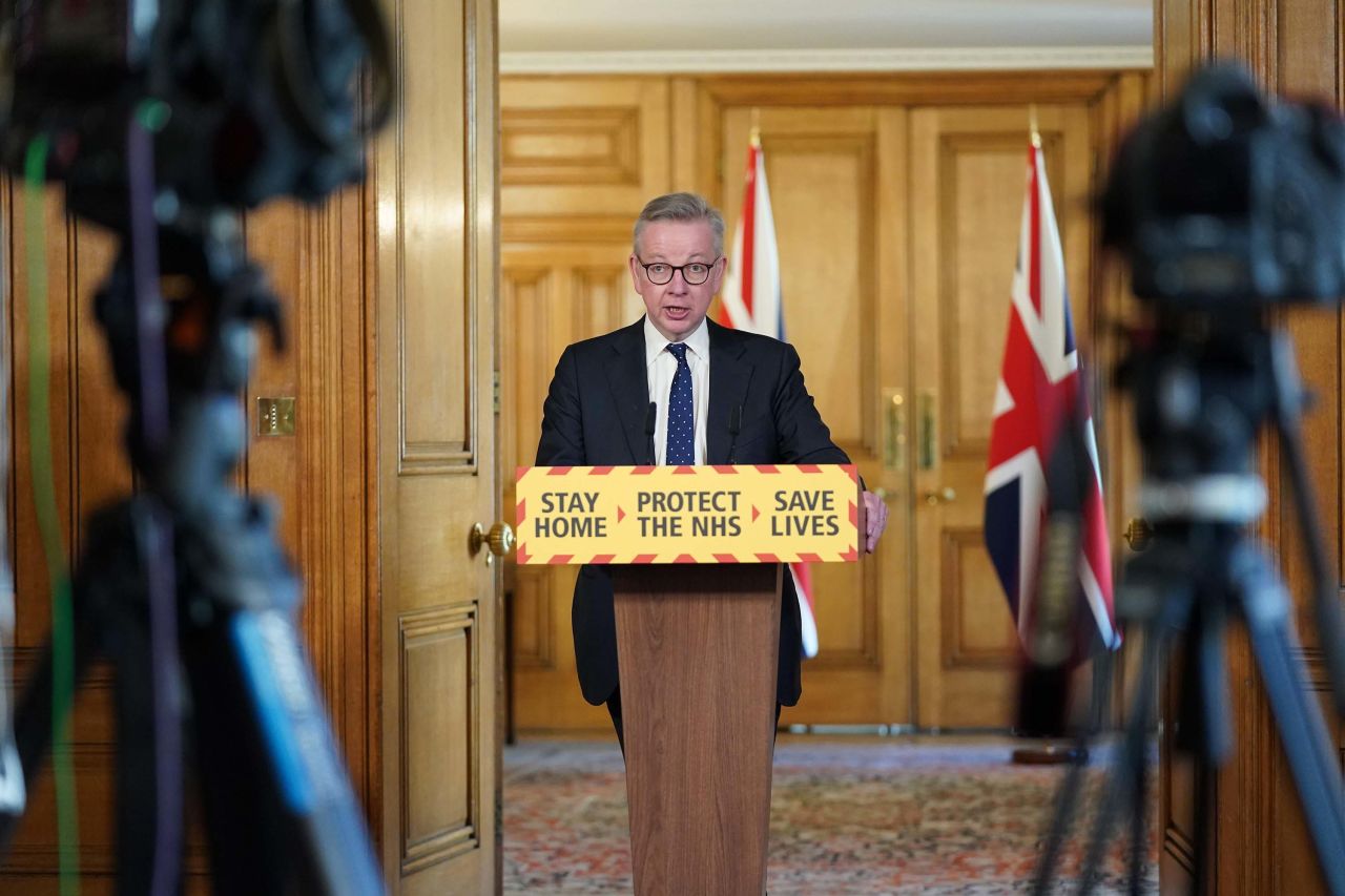 Minister for the Cabinet Office Michael Gove holds a digital press conference about coronavirus developments on April 4 in London.