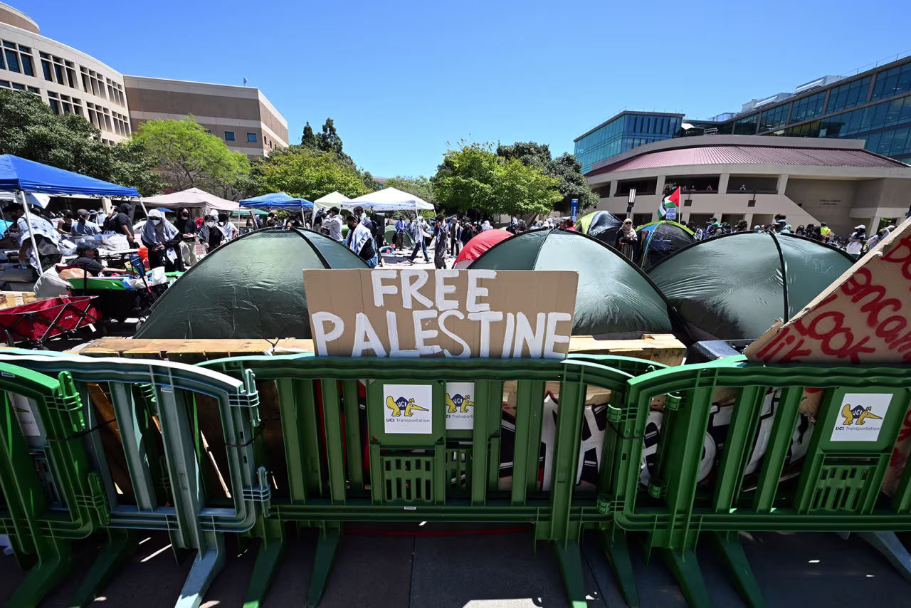 Pro-Palestinian students and activists set up a protest encampment on the campus at the University of California at Irvine on Monday, April 29, in Irvine, California. 
