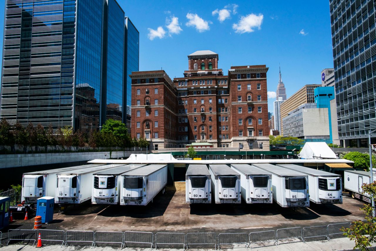 Trucks used as temporary morgues are seen outside the New York City Chief Medical Examiner's office on May 12 in New York.