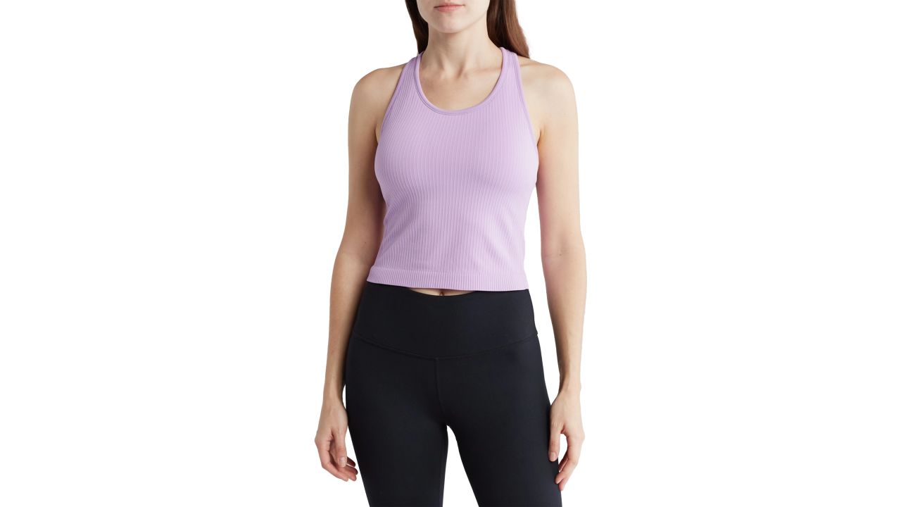 Woman wearing lilac 90 degree by reflex Racerback Cropped Tank with Bra