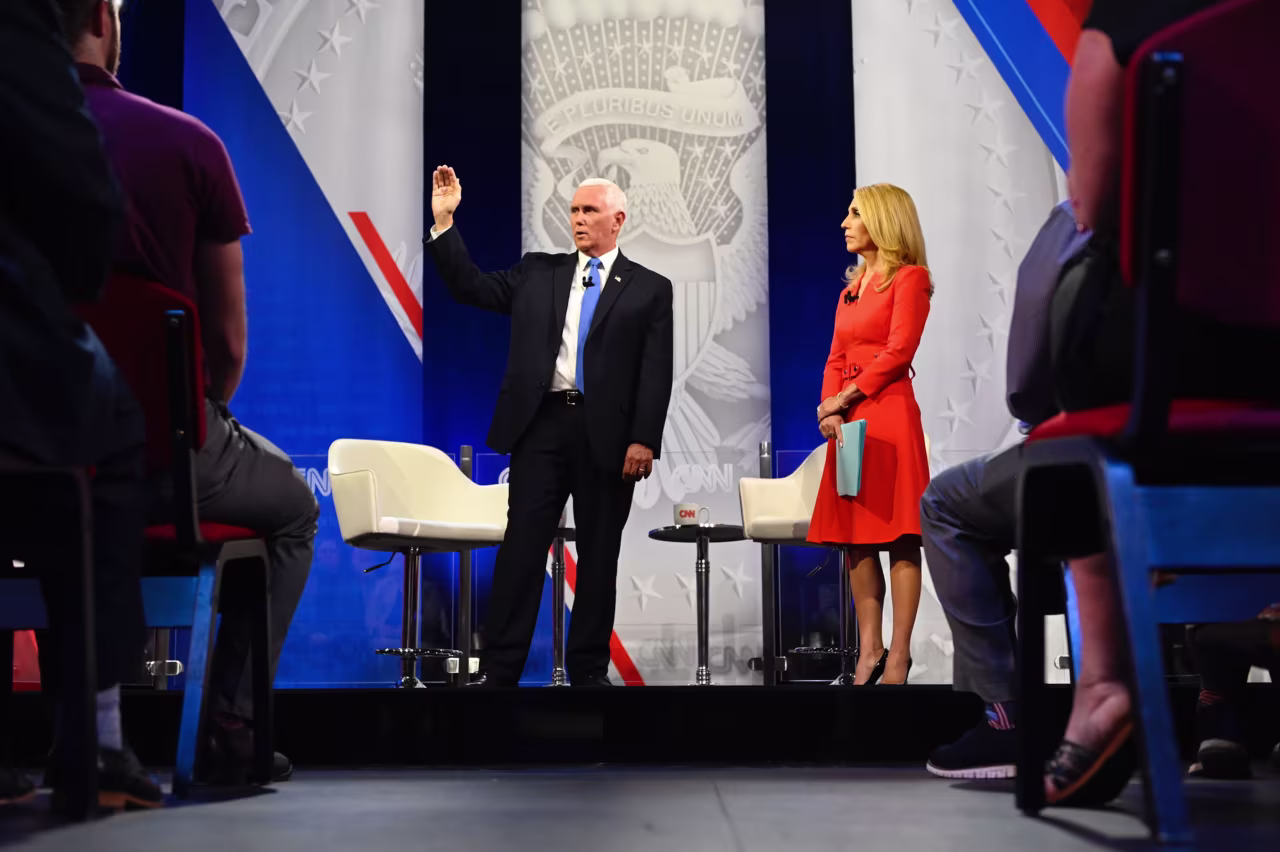 Former Vice President Mike Pence participates in a CNN Republican Presidential Town Hall moderated by CNN’s Dana Bash at Grand View University in Des Moines, Iowa, on Wednesday.