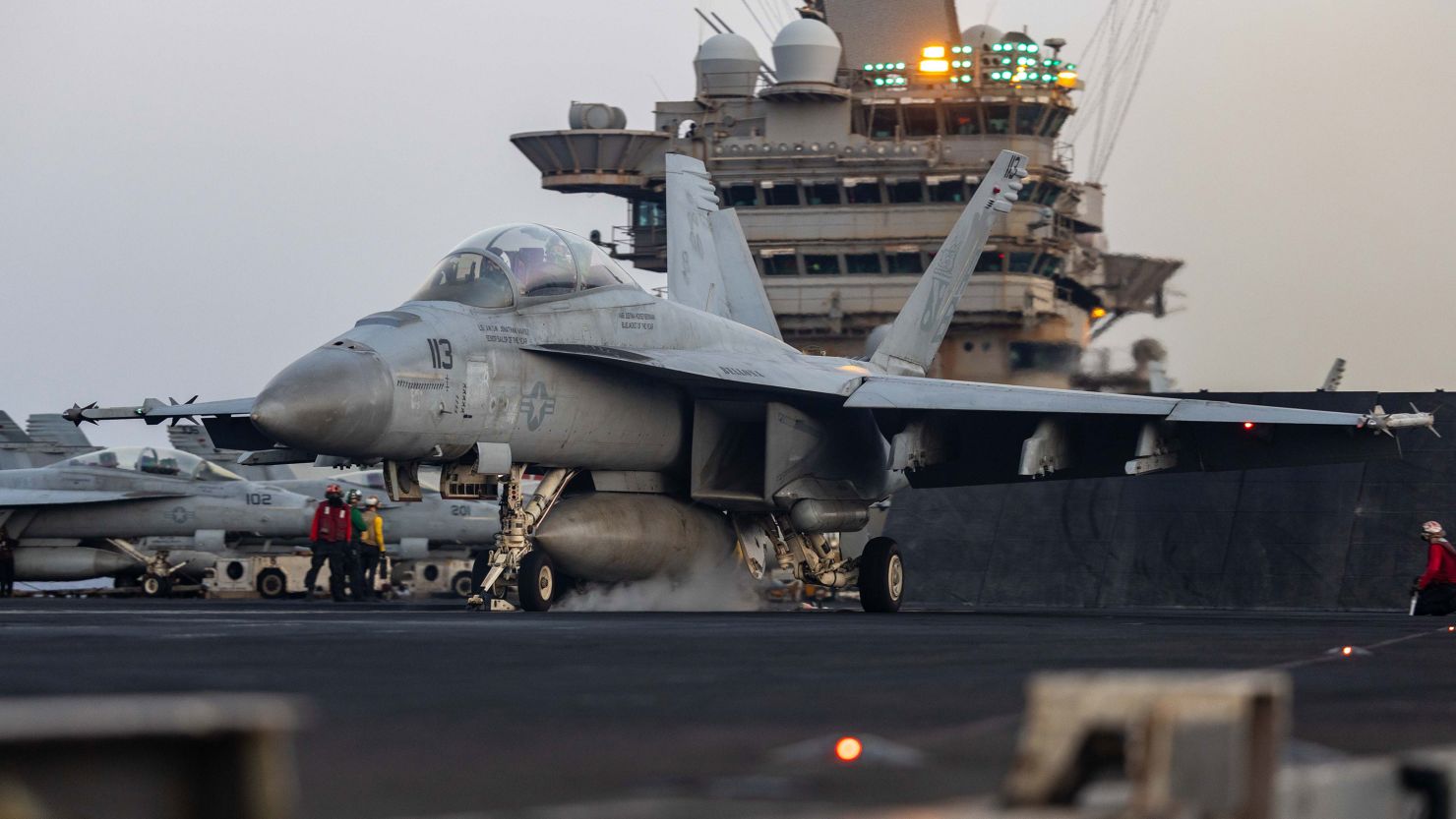 This May 2 photo from the US Navy shows a F/A-18F Super Hornet preparing for launch on the USS Harry S. Truman.