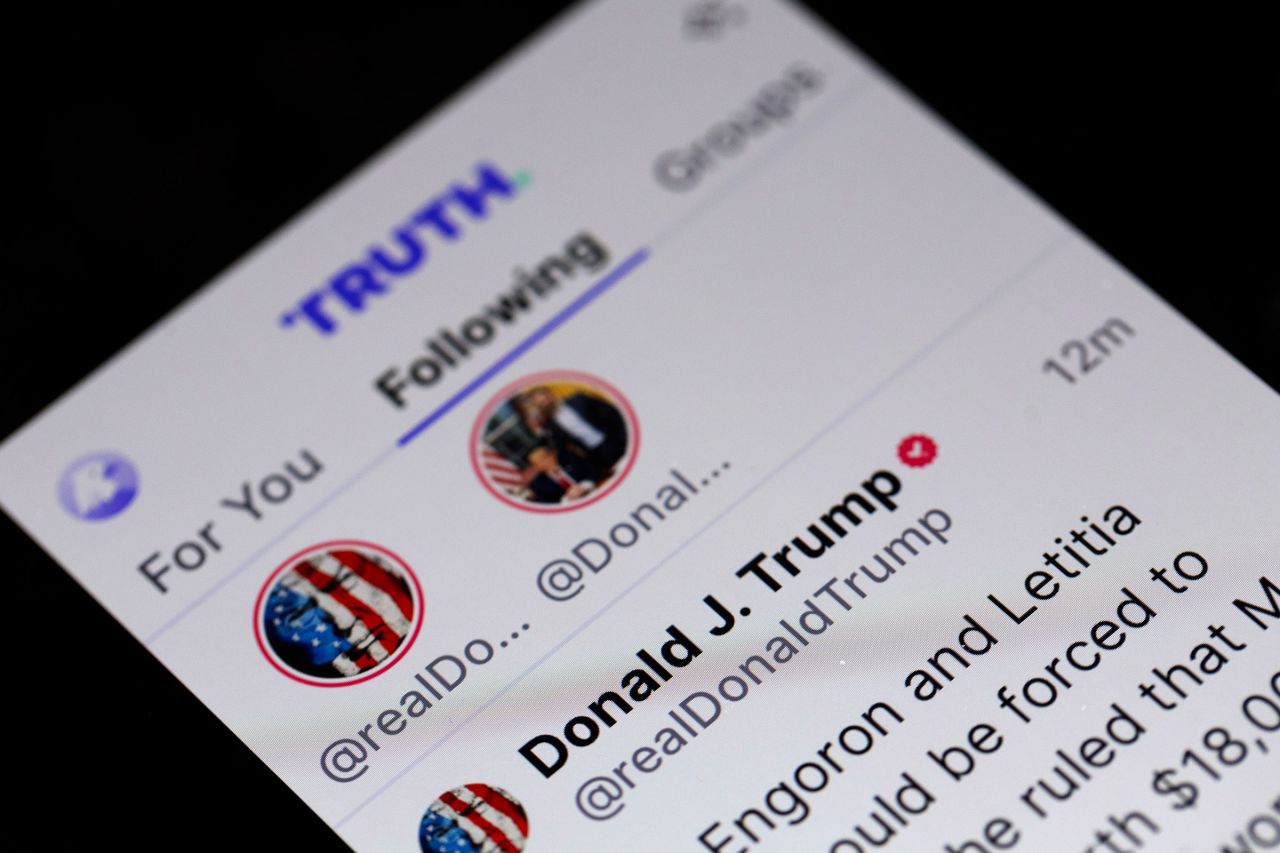 In this photo illustration, Republican presidential candidate former President Donald Trump's social media platform Truth Social is shown on a tablet on March 25, 2024 in Chicago.