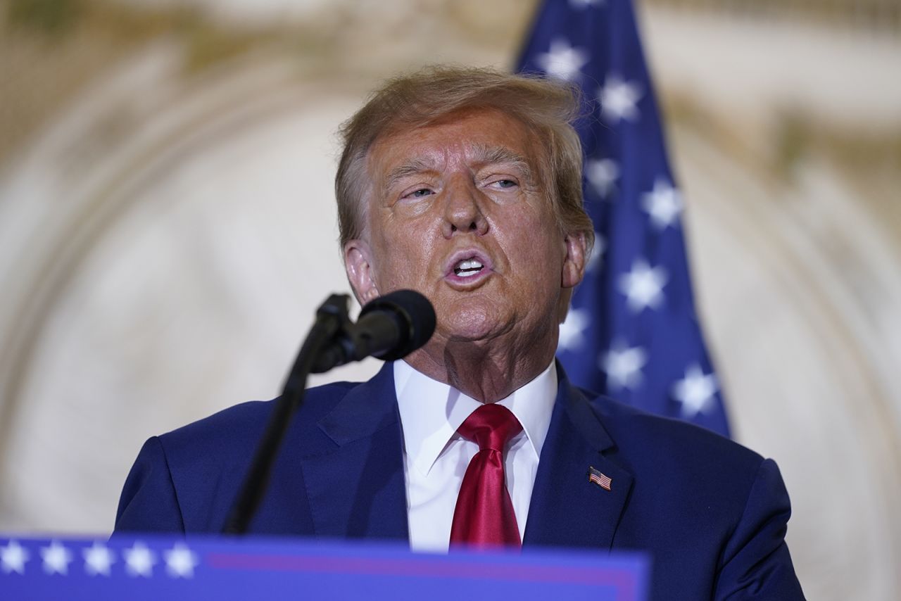 Former President Donald Trump speaking at his Mar-a-Lago estate on Tuesday, April 4 in Palm Beach, Fla., after being arraigned earlier in the day in New York City. 