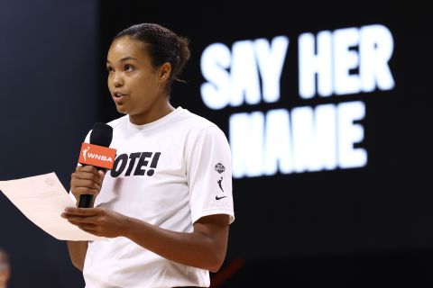 Napheesa Collier of the Minnesota Lynx gives a speech before Game 2 of the semifinals of the 2020 WNBA Playoffs on September 24, at the Feld Entertainment Center in Palmetto, Florida.