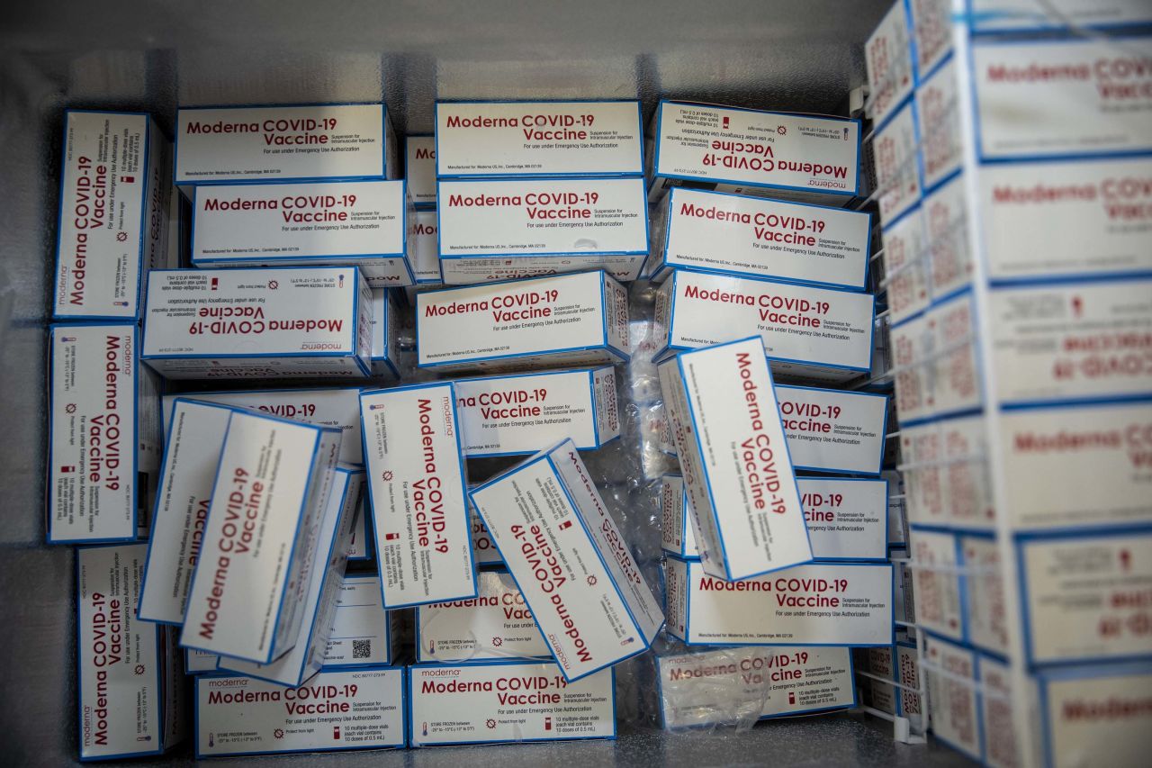 Boxes of the Moderna Covid-19 vaccine are pictured at a health center in Los Angeles, California, on May 13.  