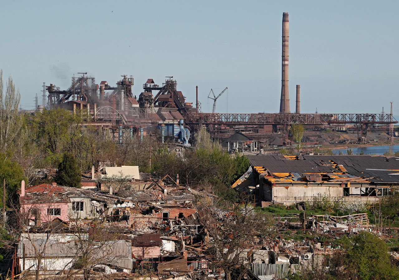 Azovstal Iron and Steel Works behind buildings damaged during the Russian attack of the southern port city of?Mariupol, Ukraine, on April 28.