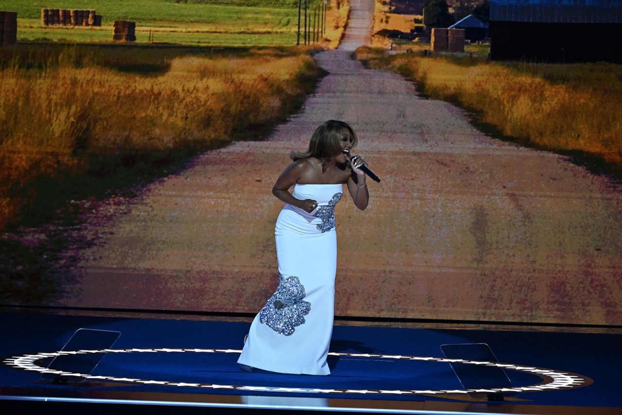 Country singer Mickey Guyton is performs on the first night of the DNC on Monday, August 19, in Chicago.