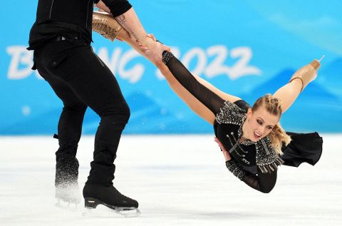 Team USA figure skaters Madison Hubbell and Zachary Donohue compete in the ice dance rhythm dance event on February 12.