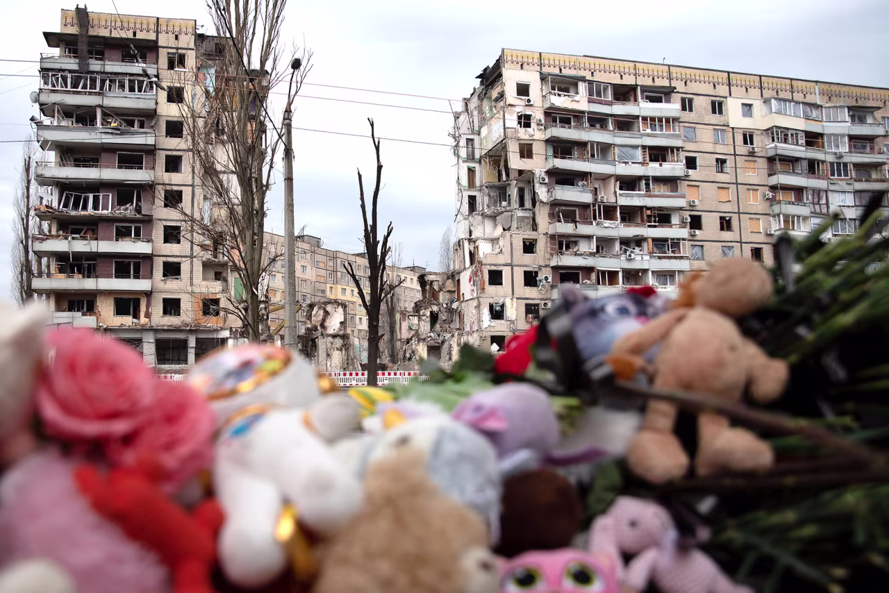 Memorial area in front of the apartment building destroyed by a Russian missile in the city of Dnipro, Ukraine, on January 18.