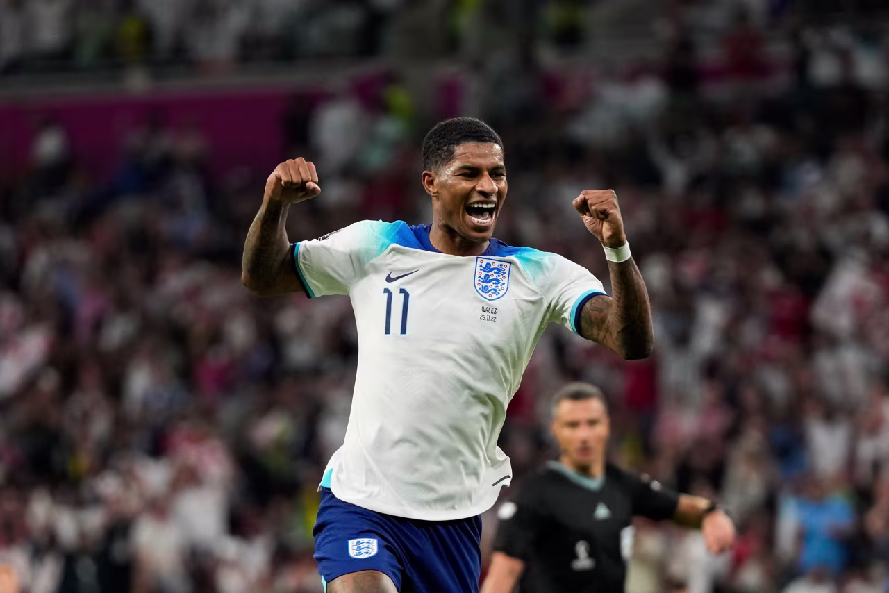 England's Marcus Rashford celebrates scoring his side's third goal against Wales on Tuesday.