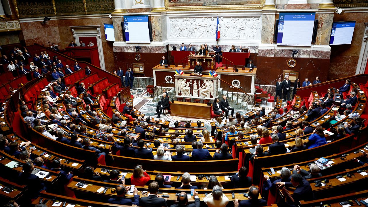 Ukrainian President Volodymyr Zelensky addresses lawmakers at France's National Assembly in Paris, France, on June 7.