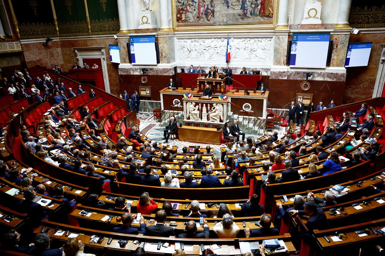 Ukrainian President Volodymyr Zelensky addresses lawmakers at France's National Assembly in Paris, France, on June 7.