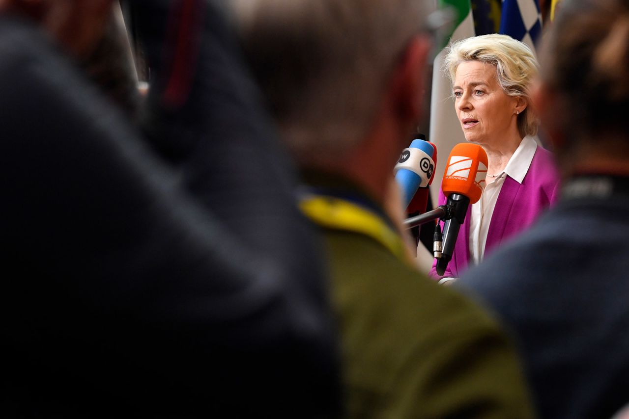 European Commission President Ursula von der Leyen speaks to the media in Brussels on Monday. 