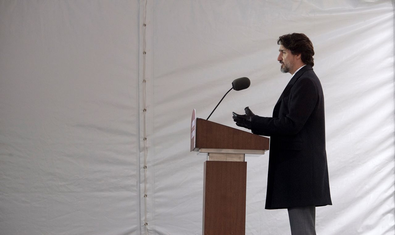 Canadian Prime Minister Justin Trudeau speaks to the media during a daily briefing during the coronavirus pandemic outside Rideau Cottage in Ottawa, Ontario, on Friday May 8.