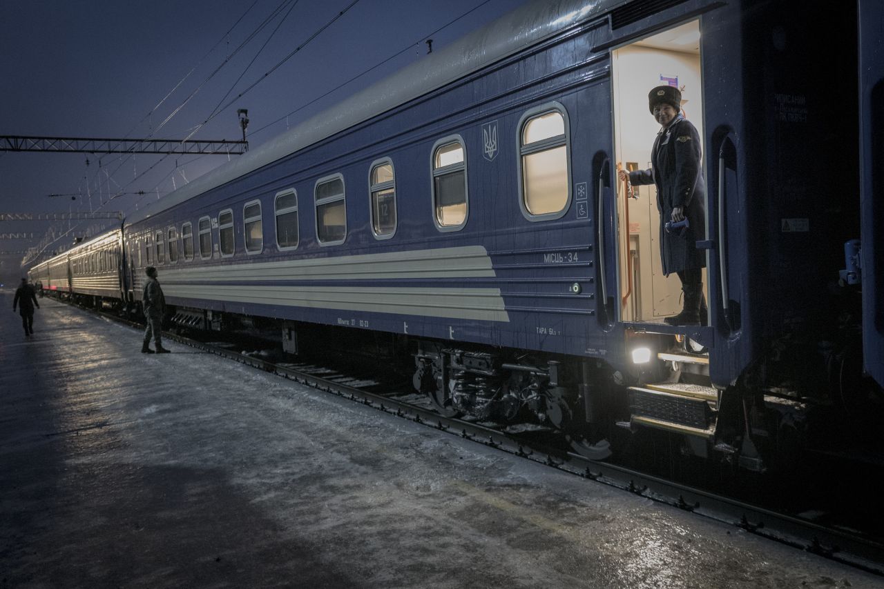 A train to Kyiv waits to depart from the railway station in Kramatorsk, Ukraine, on December 10, 2023.