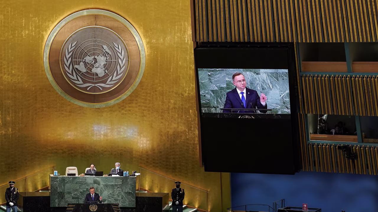 Poland's President Andrzej Duda addresses the United Nations General Assembly.