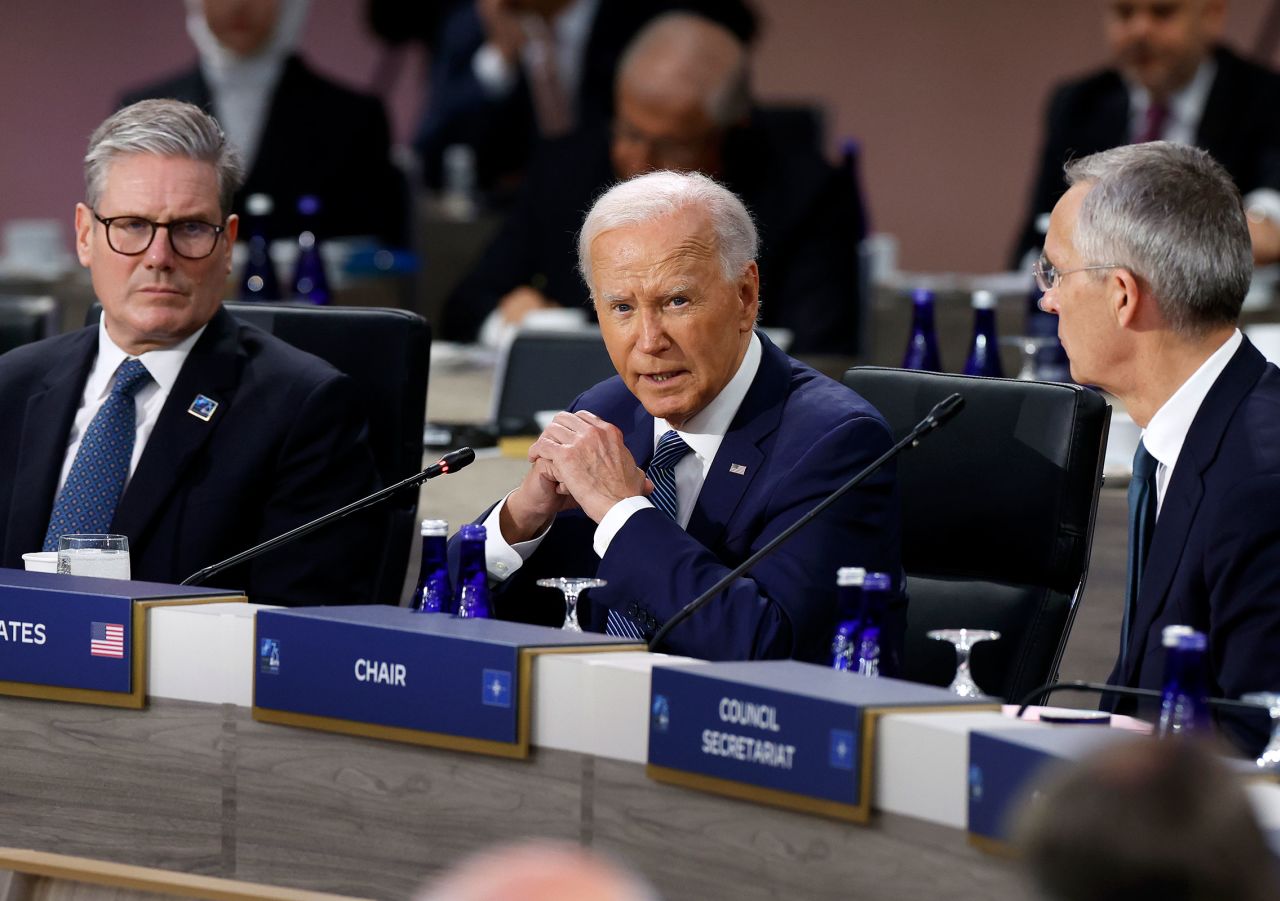 President Joe Biden delivers remarks at a meeting of the heads of state of the North Atlantic Council at the 2024 NATO Summit on July 10 in Washington, DC.