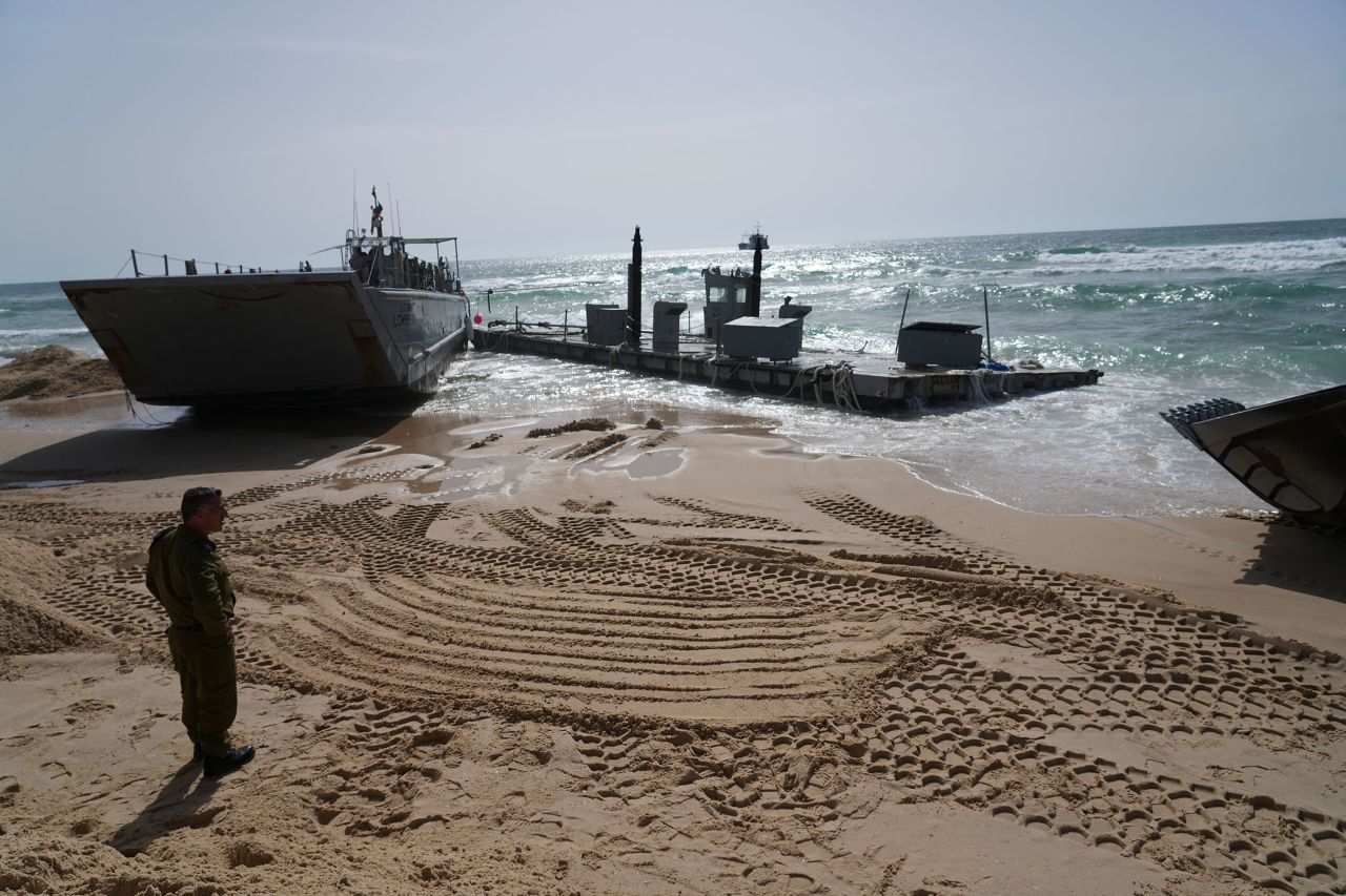 US Army landing craft is seen beached in Ashdod, Israel, on May 26 after being swept by wind and current from the temporary humanitarian pier in the Gaza. Tsafrir Abayov/AP