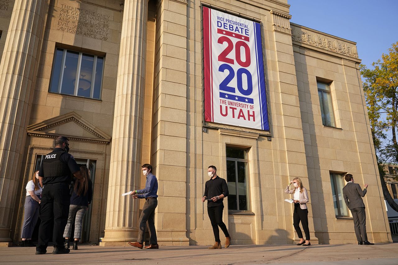 Audience members enter Kingsbury Hall for the vice presidential debate between Democratic vice presidential candidate Sen. Kamala Harris, D-Calif., and Vice President Mike Pence on Wednesday at University of Utah in Salt Lake City.