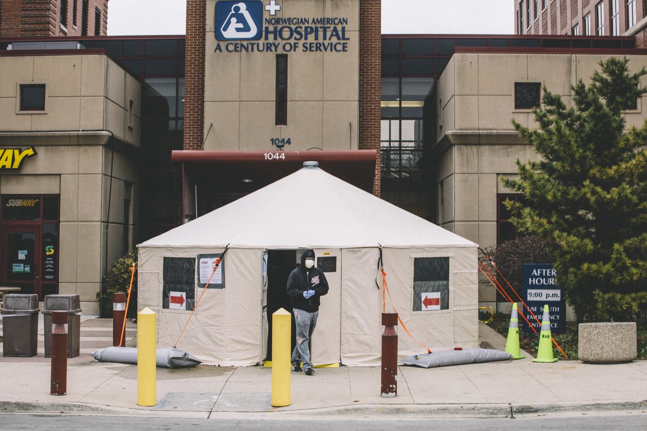 A coronavirus testing tent is pictured outside of Norwegian American Hospital in Chicago, on March 26.