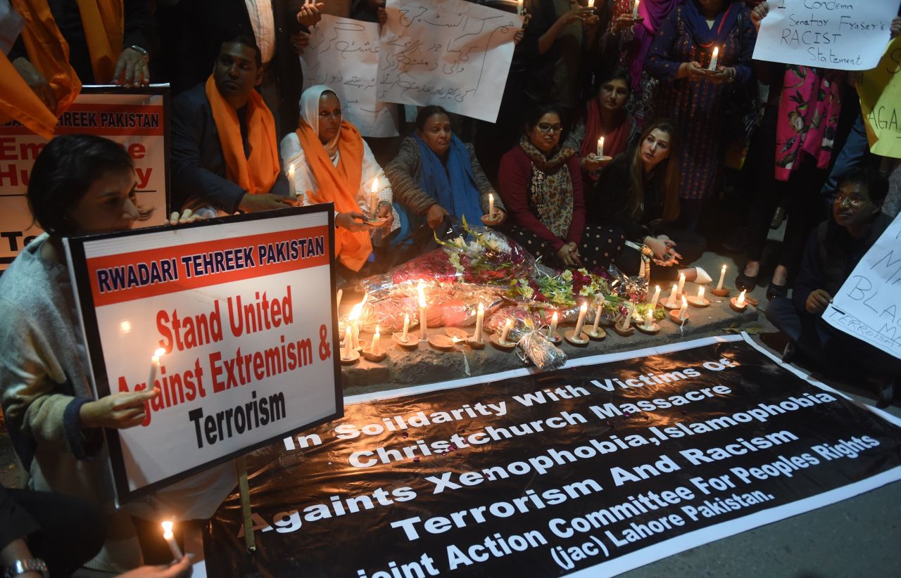 A vigil for the Christchurch mosque attacks takes place in Lahore, Pakistan on Saturday.