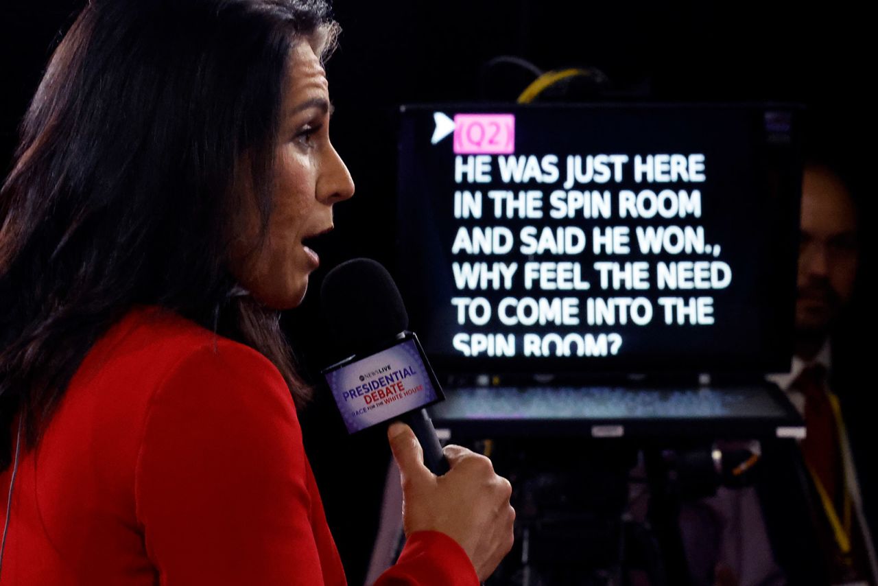 Former US Representative from Hawaii Tulsi Gabbard works the spin room on behalf of Republican presidential nominee, former President Donald Trump after the ABC Presidential Debate at The National Constitution Center in Philadelphia, Pennsylvania, on September 10