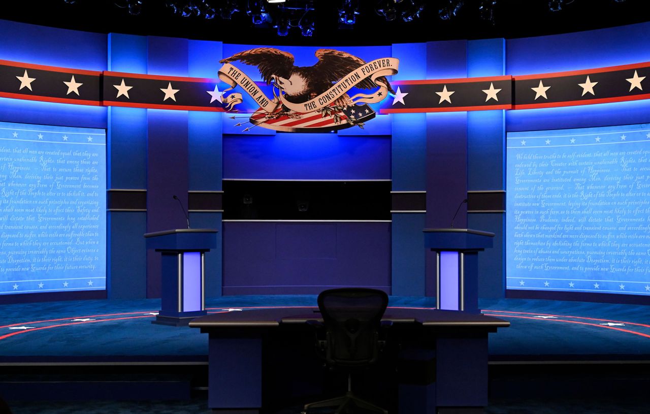 The acrylic glass dividers have been removed from the stage after both US President Donald Trump and Democratic Presidential candidate and former US Vice President Joe Biden had a negative test result for Covid-19 ahead of the final presidential debate at Belmont University in Nashville, Tennessee, on October 22.