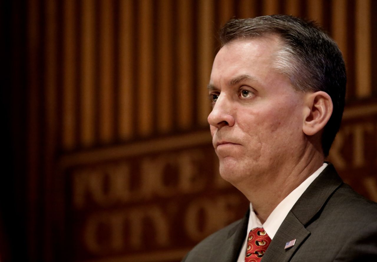 In this February 15 file photo, NYPD Chief Dermot Shea holds a press conference in New York.