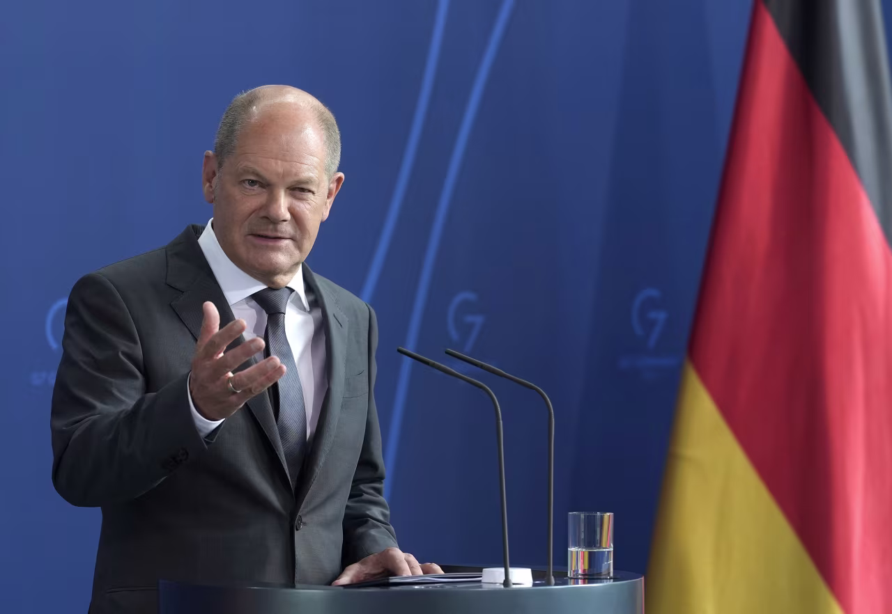 German Chancellor Olaf Scholz speaks during a press conference in Berlin, Germany, on July 22.