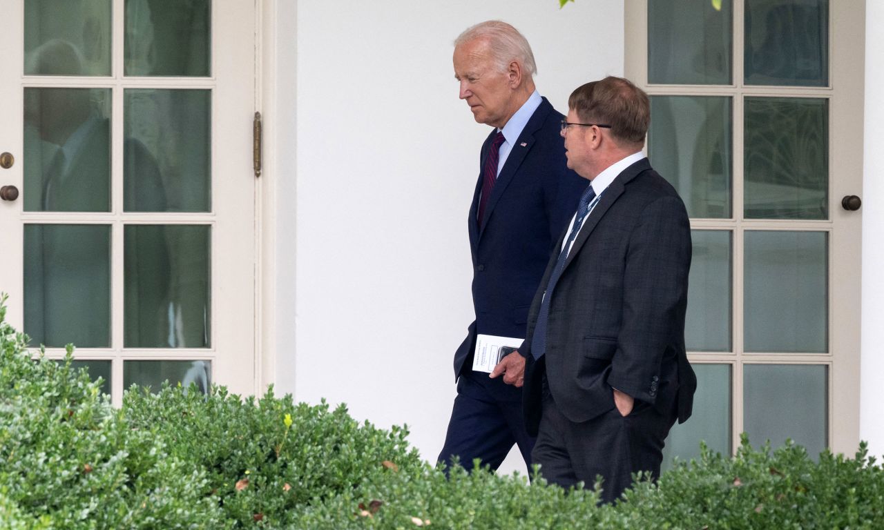 President Joe Biden speaks with White House Physician Kevin O'Connor upon his return to the White House on August 28, 2023 in Washington, DC.