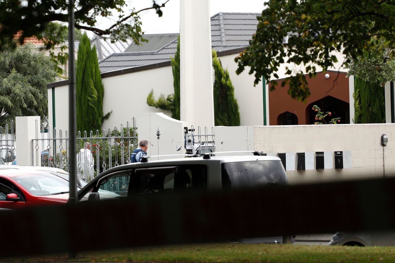 Security officials guard the Al Noor mosque in Christchurch after the attack on Friday.