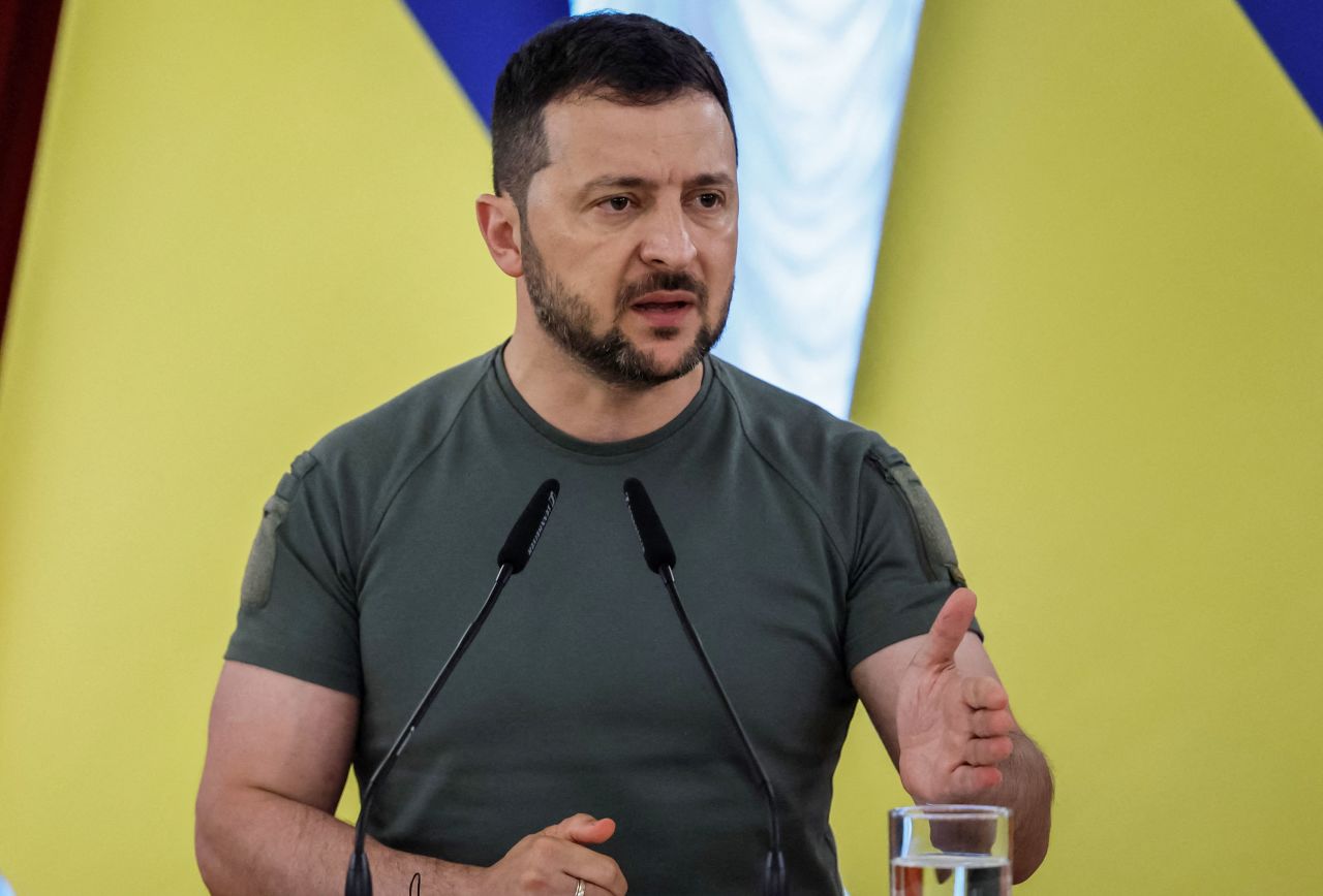 Ukrainian President Volodymyr Zelensky speaks at a news conference in Kyiv on June 28. 