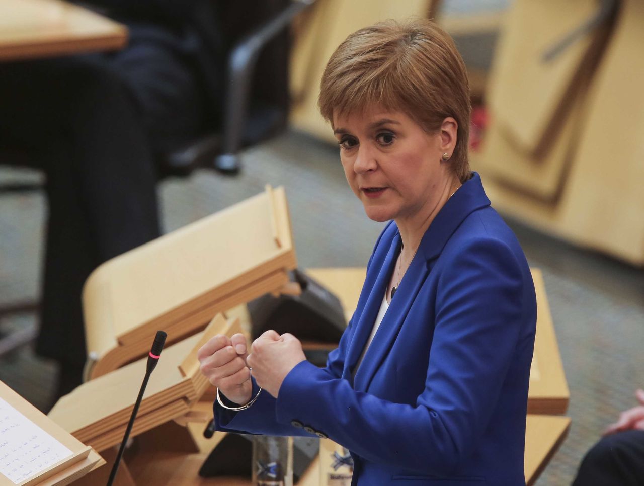 Scottish First Minister, Nicola Sturgeon attends First Ministers Questions in Edinburgh, Scotland on May 13.