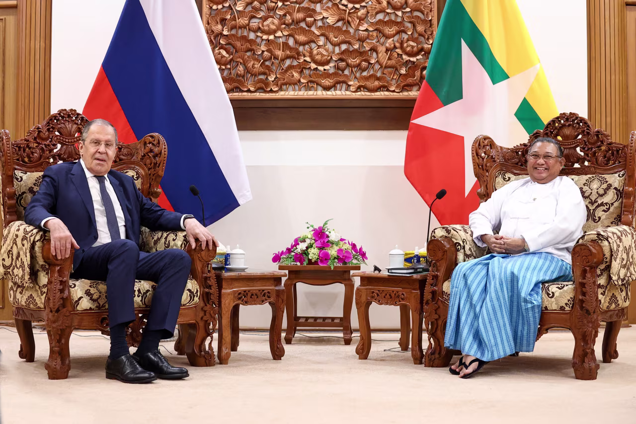 Russia's Foreign Minister Sergey Lavrov, left, attends a meeting with Myanmar's Foreign Minister Wunna Maung Lwin, right, in Naypyidaw, Myanmar, on August 3.