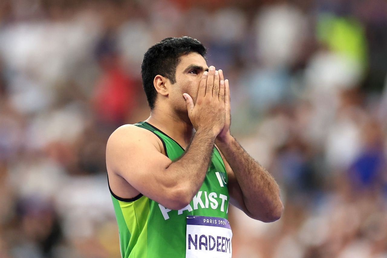 Arshad Nadeem of Pakistan reacts at Stade de France on Thursday.