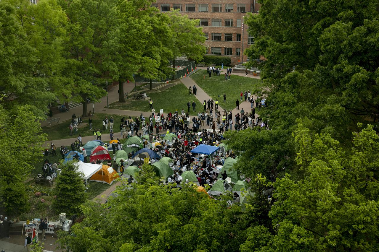 Activists with Students for Justice in Palestine participate in an encampment protest at the University Yard at George Washington University today in Washington, DC.?