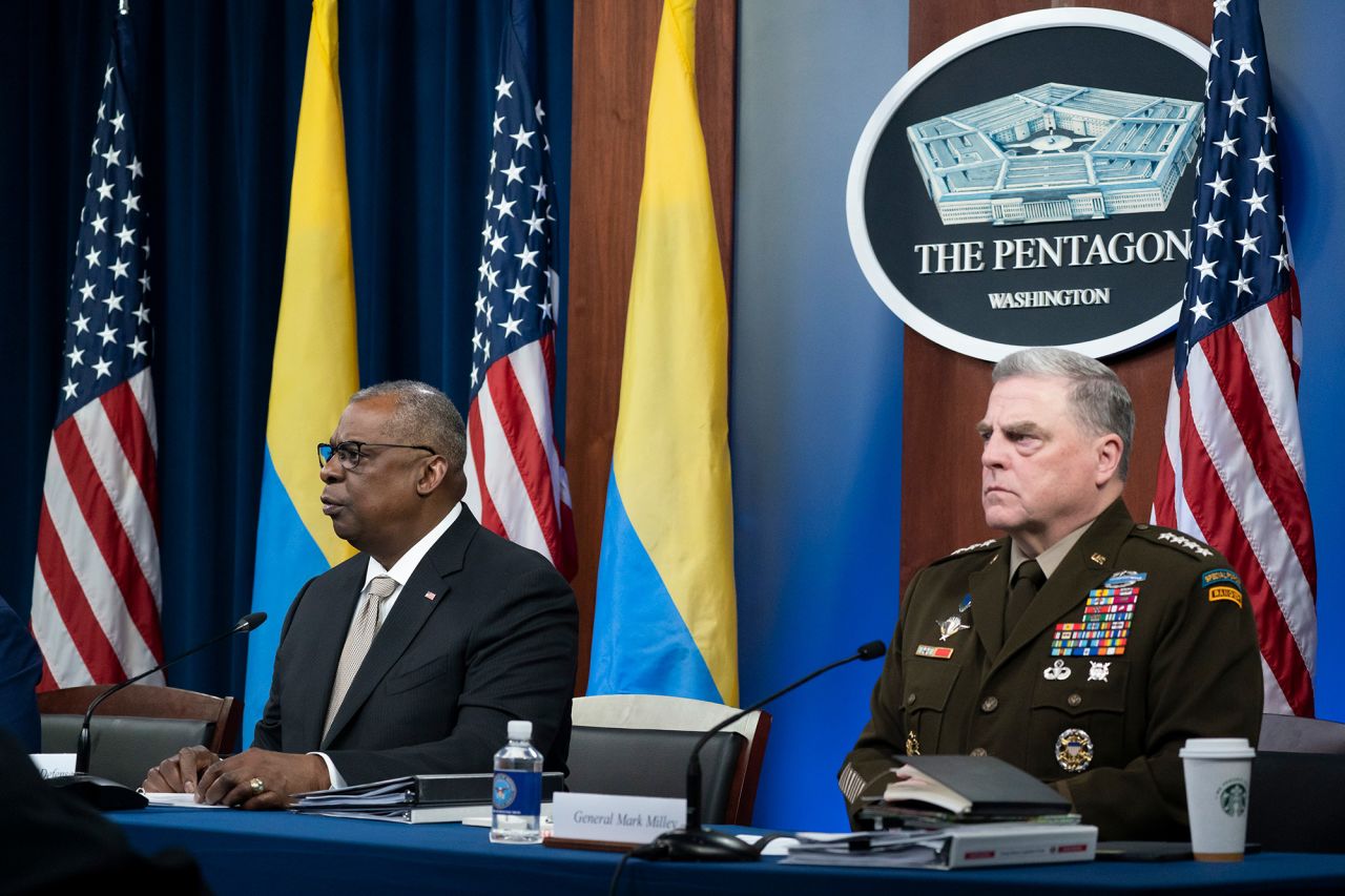 US Secretary of Defense Lloyd Austin gives opening remarks accompanied by Gen. Mark Milley, chairman of the Joint Chiefs of Staff, at a virtual meeting of the Ukraine Defense Contact Group at the Pentagon in Washington, DC, on Monday, May 23.