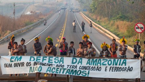 Indigenous protesters block a highway near Novo Progresso, Brazil, on Monday.